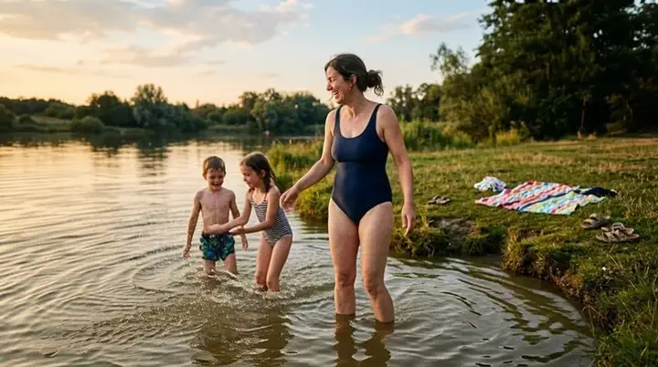 Rachel at the lake with her kids