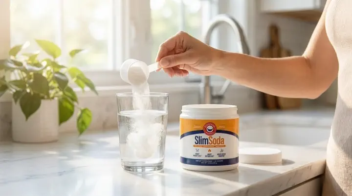 One scoop of SlimSoda stirred into a glass of water